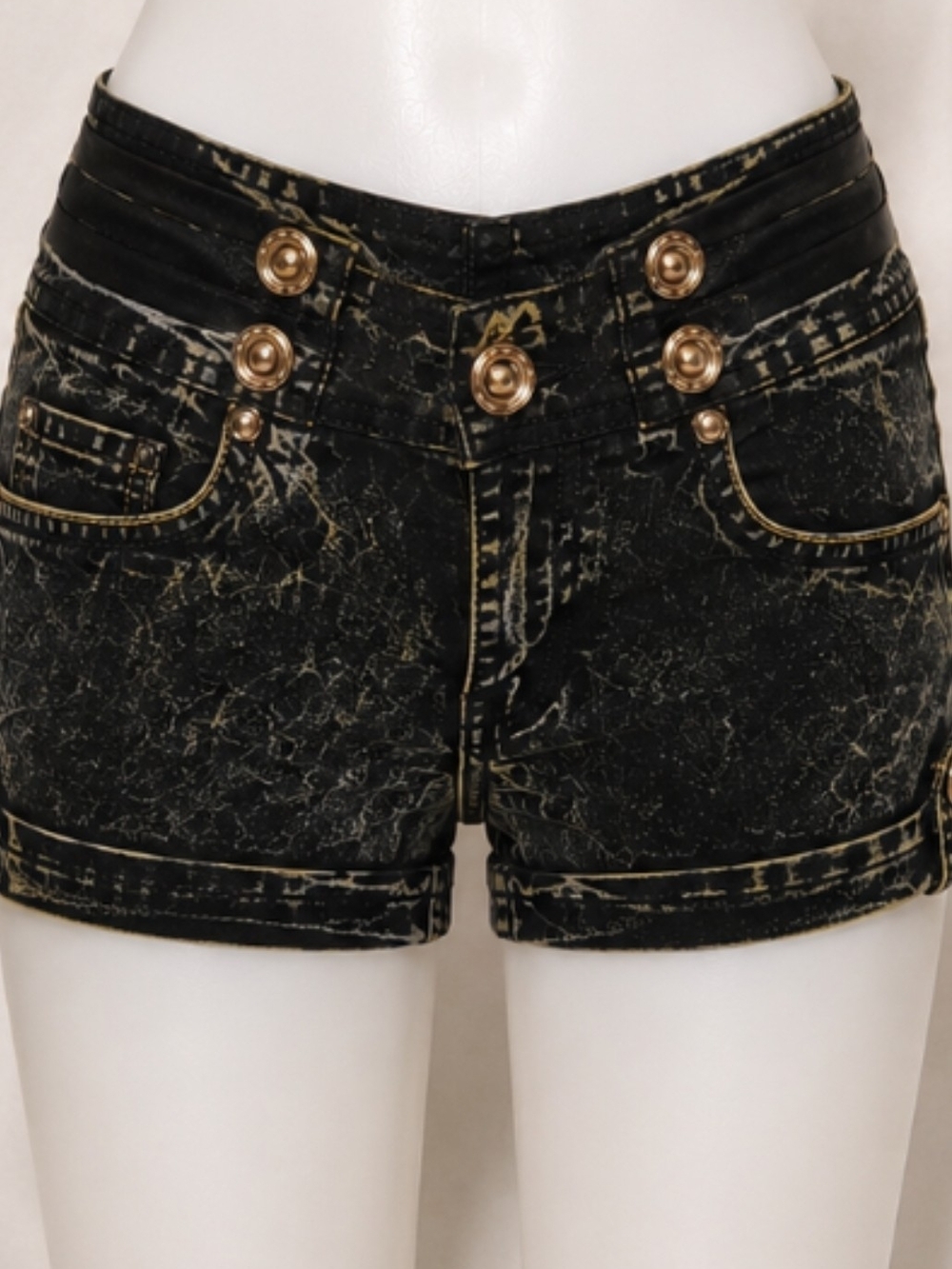 Y2K Encore Jeans Black Acid-Wash High-Rise Shorts with Gold Buttons /Waist 14"